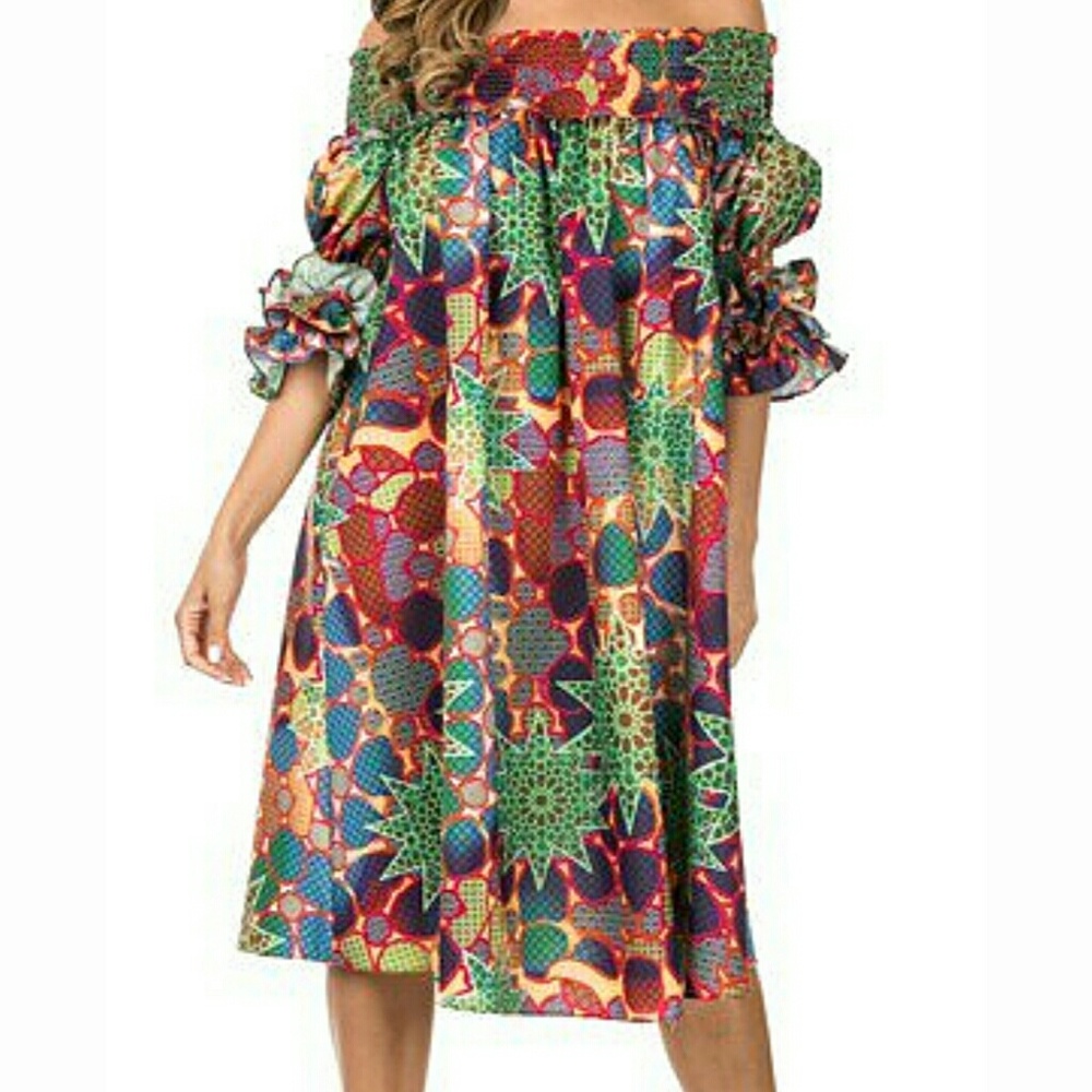Brand new w/ tags ruffle, off shoulder print dress